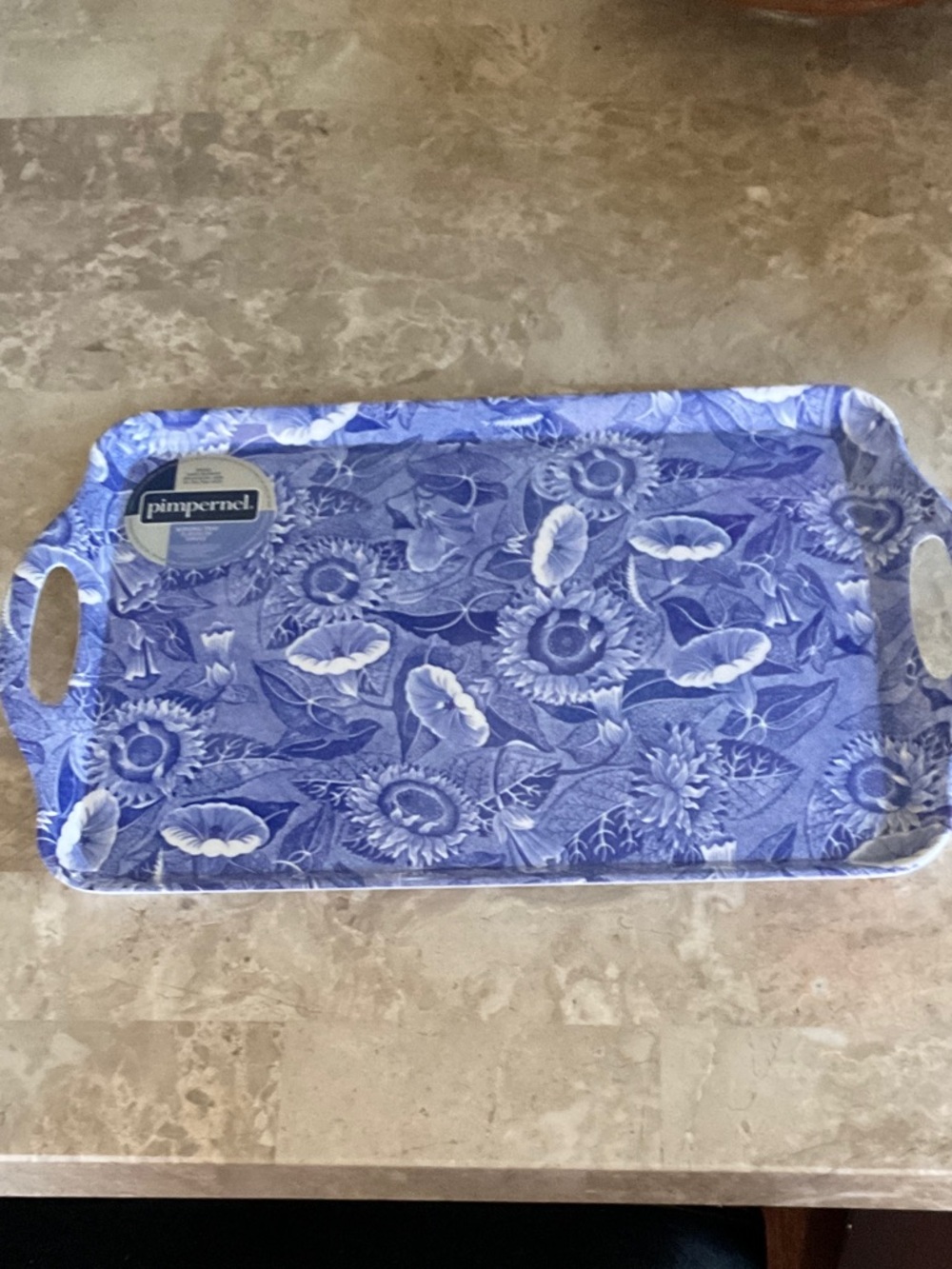 Pimpernel Blue Floral Serving Tray with Sunflower Motif
